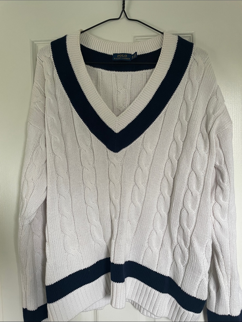 Polo by Ralph Lauren White Cable-Knit V-Neck Sweater with Navy Stripes